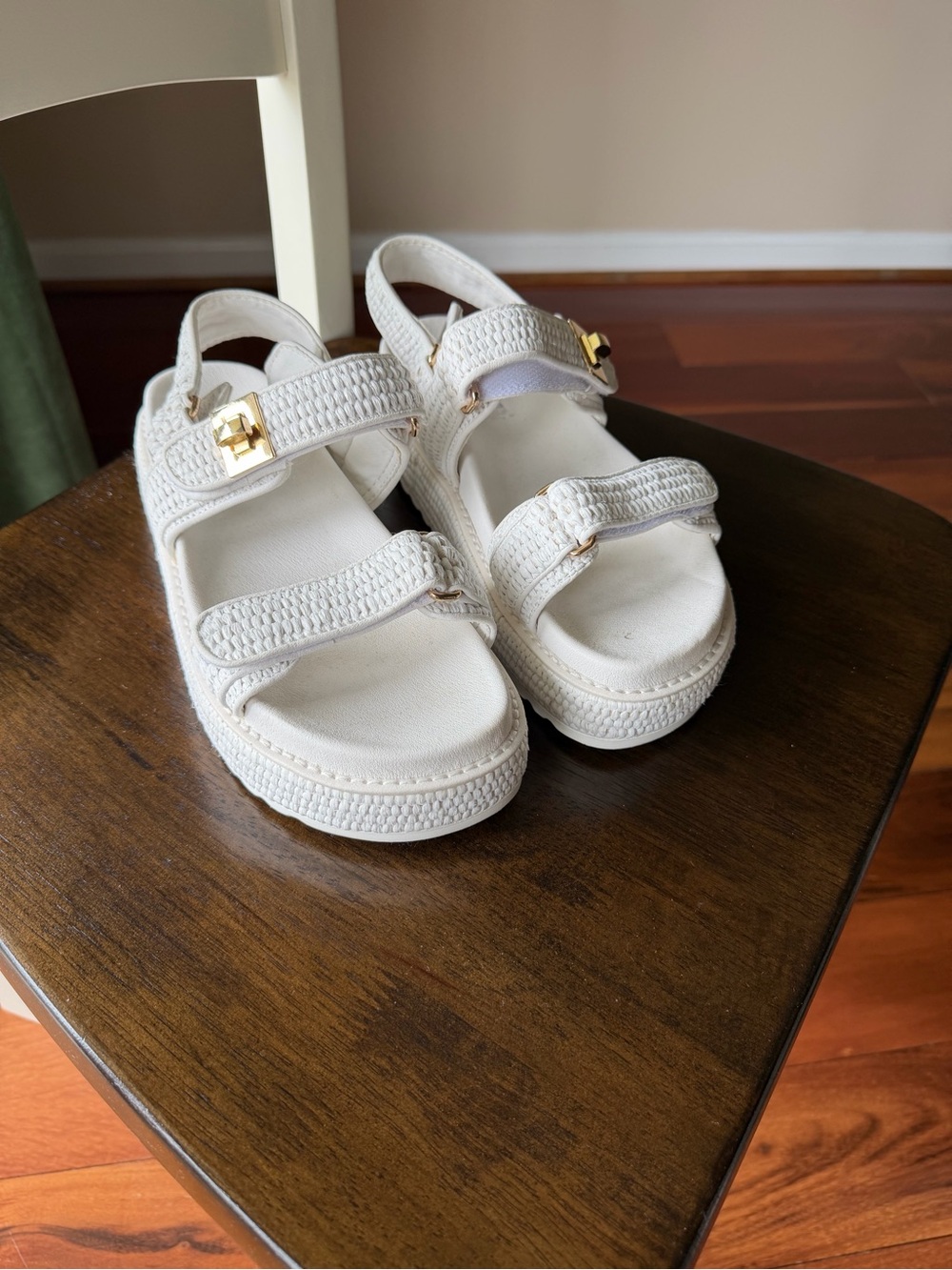 Steve Madden Cream Woven Platform Slide Sandals with Gold Accent - Picture 3 of 6